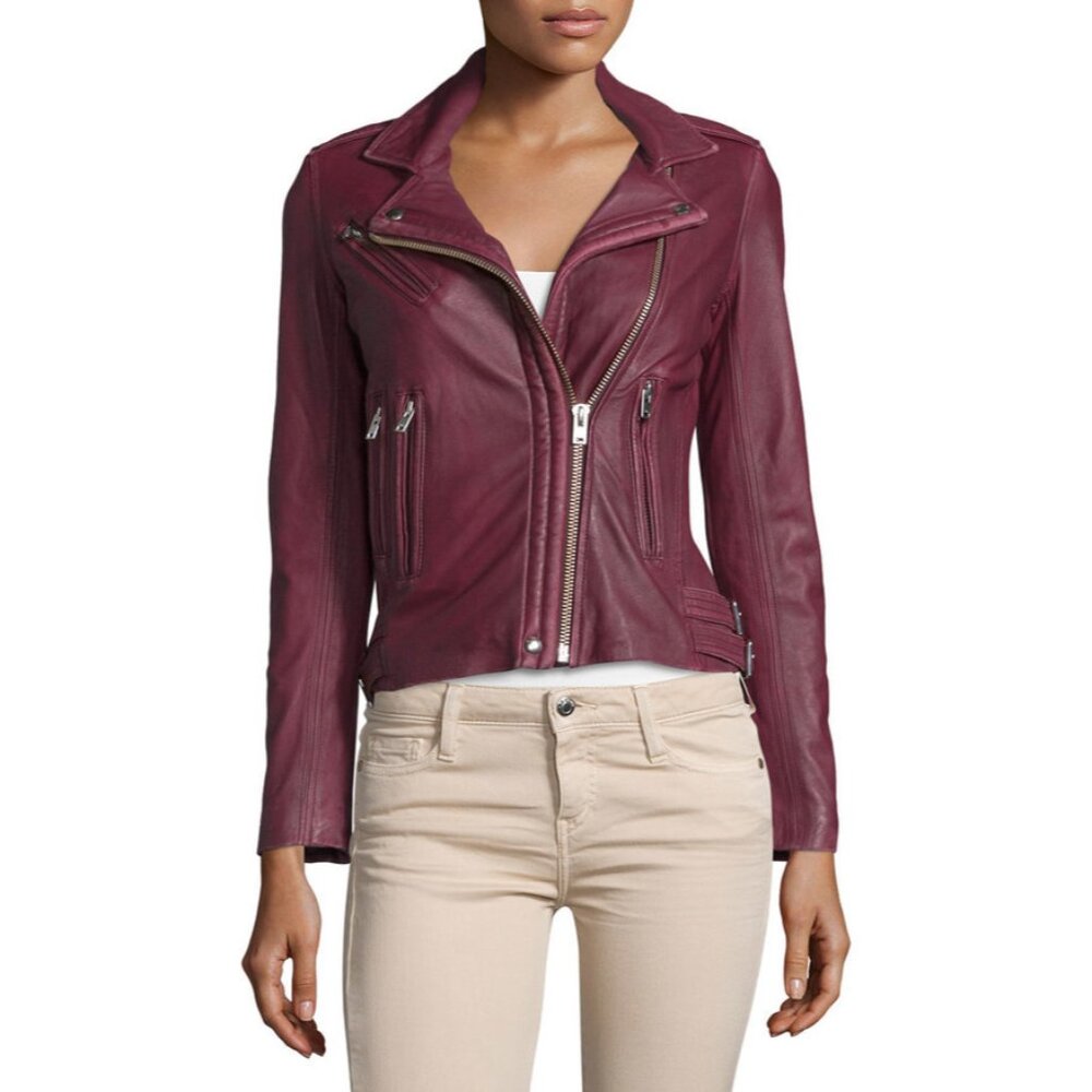 Burgundy IRO Han Leather Moto Jacket FR 34 US 2